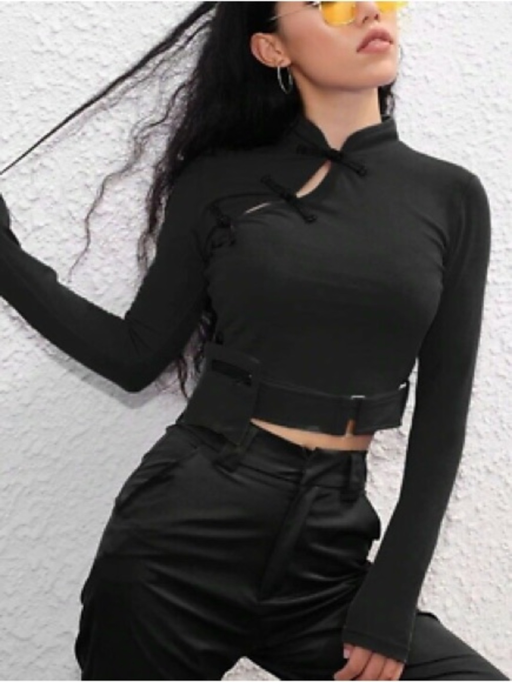 Cheongsam Cropped Black Long-Sleeve Top with Mandarin Frog Closures